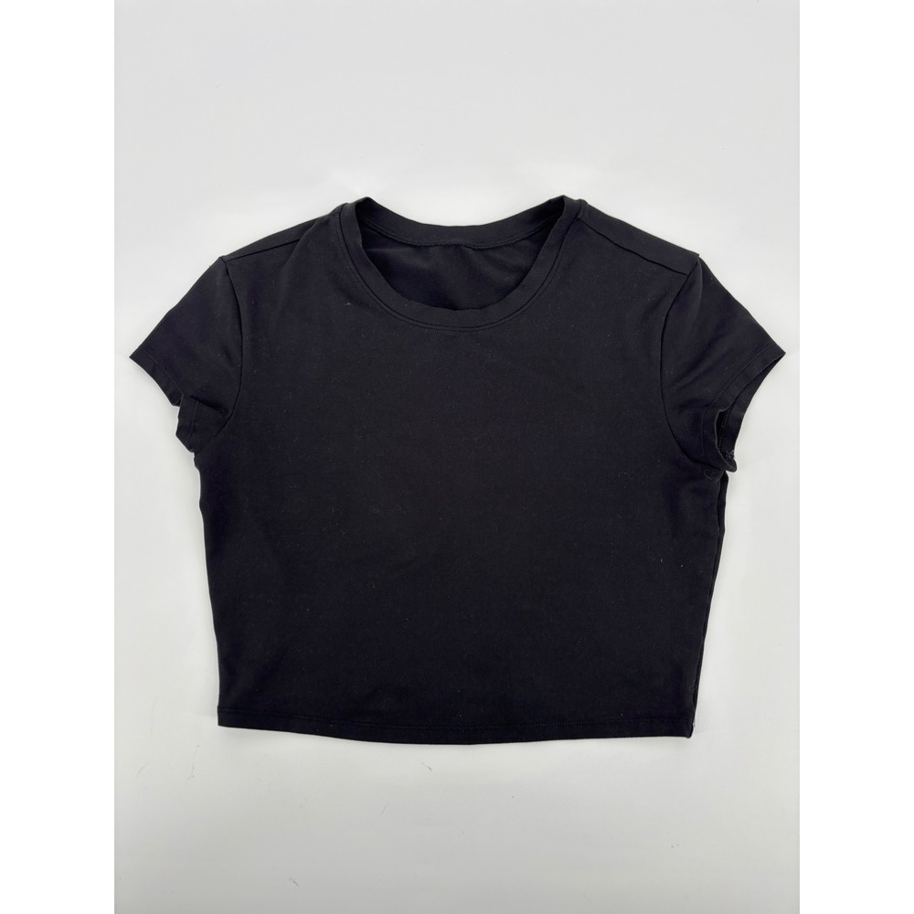 Alo Yoga Womens Black Short Sleeve Cropped Athletic T-Shirt Crew Neck Logo 0930